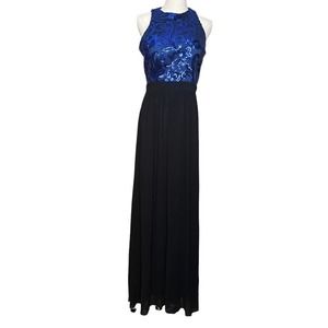 Vtg 90s Tawny Blue Sequin black Sheer Long Formal Cocktail Dress Sleeveless Sz L